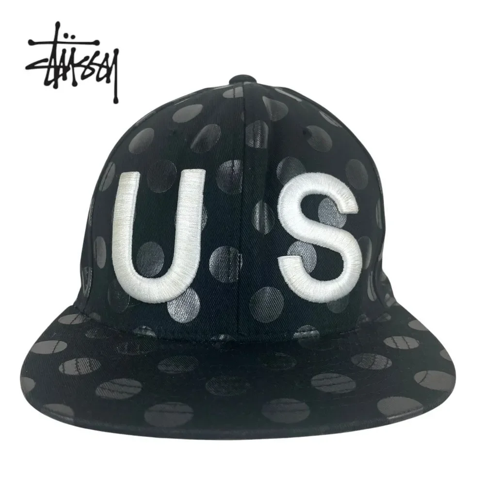 Stussy Unisex Black‎ Polkadot Embroidered Spellout Snapback Flat Bill Hat